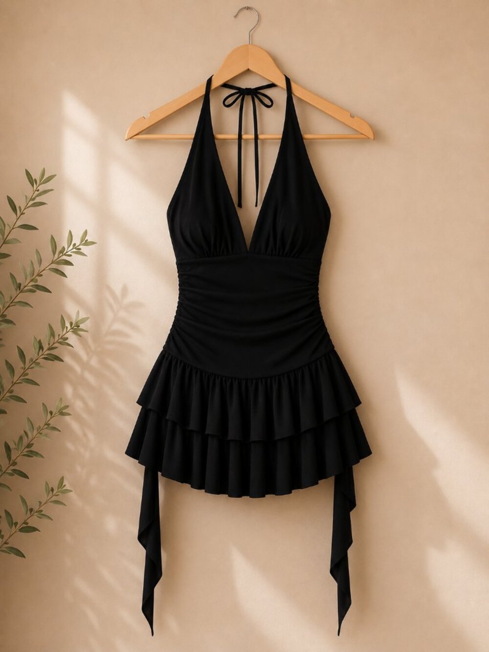 Black Halter Ruffle Mini Dress | Size L